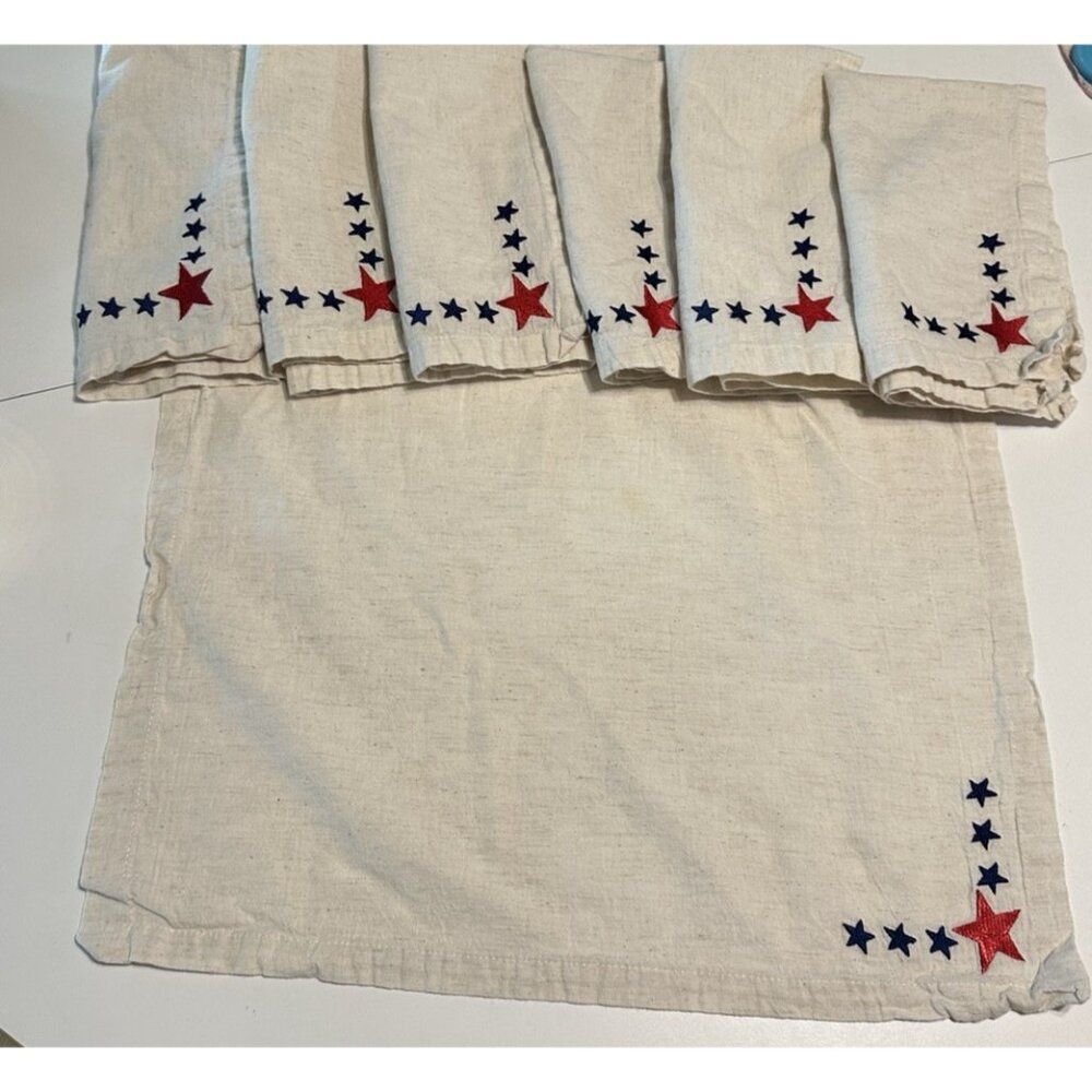 7 World Market Cloth Dinner Napkins Cotton Linen Stars Red Blue 20x20